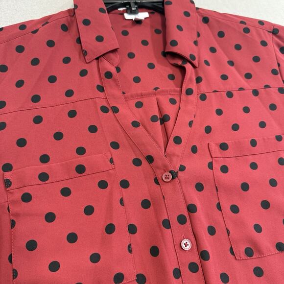 Express Portofino Women M Slim Deep Red Polka Dot Button Up Collared Business - Picture 2 of 8